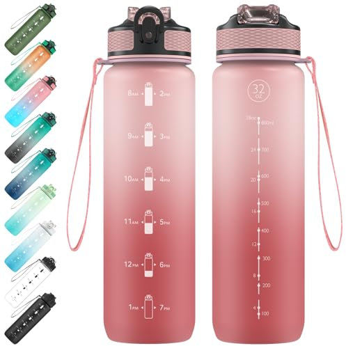 EYQ 1L Water Bottle, 1 Litre Water Bottle with Straw, 32oz Leak-Proof Motivational Sports Drinks Bottle with Time Marker, Tritan BPA-Free, Drinking Waterbottles for Fitness, School, Gym Outdoor Sports