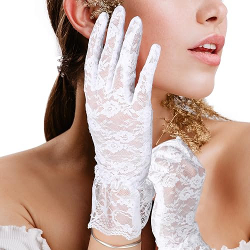 Gjinxi Damen Kurze Spitzenhandschuhe, Weiß Spitzenhandschuh Tüll Lace Handschuhe Prom Tea Party Handschuhe Sommerhandschuhe für Hochzeit Damen Braut Hochzeit Abend Party Kostüm Zubehör