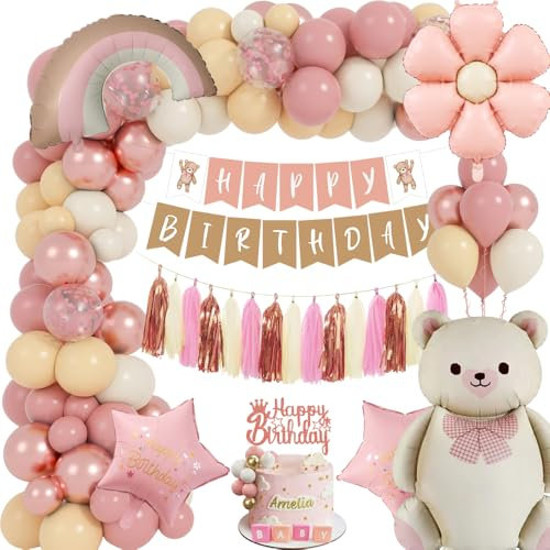 Decorazioni Compleanno Ragazza,Boho Addobbi Compleanno Bambina con Palloncini Rosa, Palloncini a Forma di Orso, Decorazioni Compleanno per 1 2 3 4 5 6 7 8 9 Anno Bambino Feste Decorazioni (Rose)
