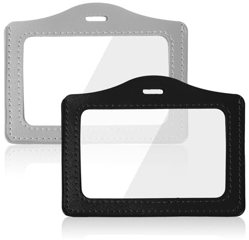 Lot de 2 porte-badges horizontaux en cuir véritable avec fenêtre transparente double face, porte-badges étanches pour bureau, personnel, étudiants, employés (noir et gris)