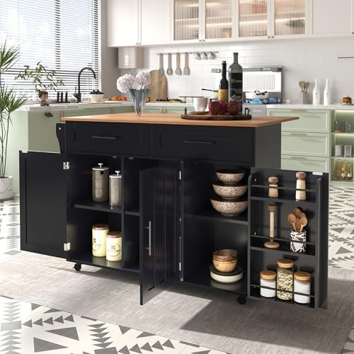 DRIXNO Kücheninsel Freistehend mit Klappbarer Arbeitsplatte Küchenschrank Küchenwagen auf 5 Rollen, mit Ablage und 2 Schubladen, Schwarz Für Esszimmer 129 * 71 * 91.5cm