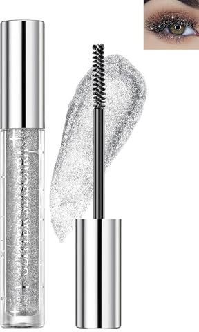 Glitter Mascara-Silber 4D Glitzer Wimperntusche, Glänzende Diamant Langlebige Volumizing Curling Verlängerung Wimpern, wasserdicht und langlebig Wischfester Schimmern Augen Makeup Für Frauen-01 Silver