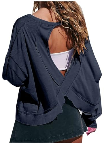 Women's Long Sleeve T Shirts Open Back Workout Crop Tops Casual Lightweight Athletic Gym Yoga Tee Loose Solid Backless T-Shirt Running Top Trendy Sport Tops with Thumb Hole