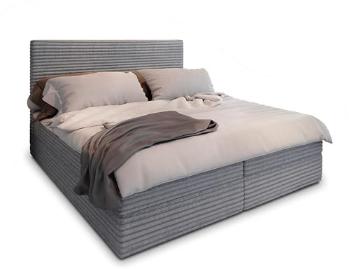 Masseno Boxspringbett PISA 140x200 cm Komplett-Set mit Matratze und Topper, Polsterbett mit Zwei Bettkästen -Hellgrau, TILIA 86