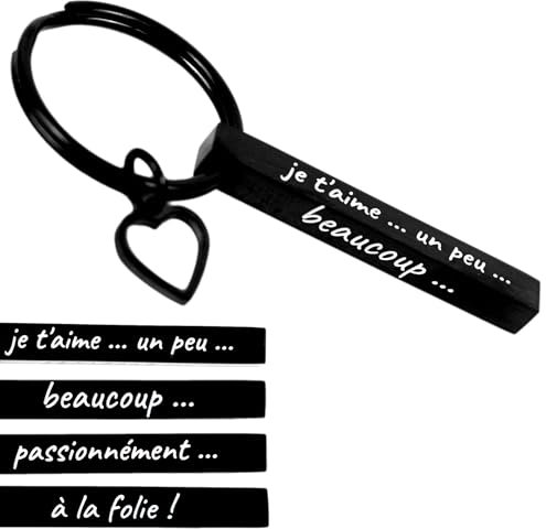 Ernestine - Porte-clés pour homme en acier inoxydable noir - Cadeau Saint-Valentin, Noël, anniversaire - Porte-clefs couple personnalisé avec mots d'amour gravés