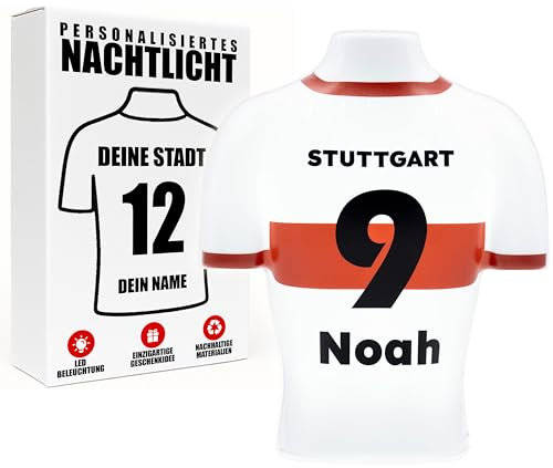 LAMPARENA - Personalisierte Fussball-Trikotlampe – LED-Namensschild für Kinder & Erwachsene, individuelles Geschenk für Männer, beleuchtete LED-Wanddeko für Fußballfans [Weiß-Rot | 25x30 cm]