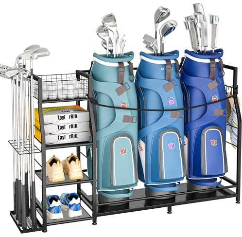 Golf bag stand for Golf Bag Accessories, Golf Bag Storage Organizer Fits 3 Bags for Garage Organization, Golf Organizer with Extra Storage Rack for Golf Clubs & Golf Essentials, Golf Gifts for Men