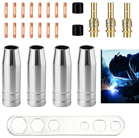 25 Pezzi Accessori Saldatura MIG MAG, Ugelli Gas Saldatura MB15AK, Accessori per Saldatrice, Kit Ricambi in Rame con 4 Ugelli Gas, 15 Punte M6 0,8 mm, 3 Porta, 2 Isolatori e 1 Chiave per Manutenzione