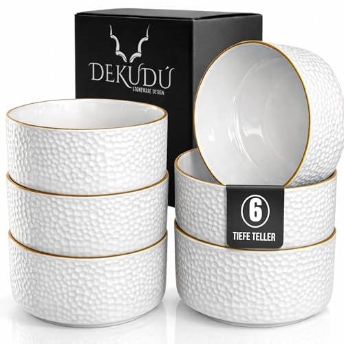 DEKUDÙ Set Piatti Moderni Piatti Fondi Ceramica Gres di Qualità - Realizzata a mano - 6 pezzi ∅ 15 cm - Elevata durezza - Lavabile in lavastoviglie e Adatto microonde - Stile moderno - Bianco