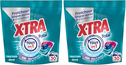 X-Tra Total - Lessive Capsules- Trio-Caps - 4+1 - Propreté - Eclat - Fraîcheur - Engagé pour vous - Economique - Parfum Givré - Déo Fraîcheur + - 24H Anti-Odeurs - Efficace des 20°C - 30 Lavages