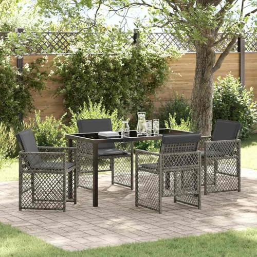 Kaloriko Garten Essgruppe 5-teilig, Grau Poly-Rattan, Outdoor Möbel Set mit Glastisch, 4 Stühlen, Balkonmöbel