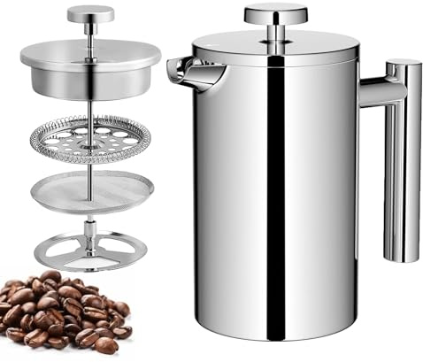 Hniuyun Stainless Steel French Press 20oz(600ml), Double Wall Insulated Travel Coffee Maker, Portable Thermal Flask for Office, Camping & Home