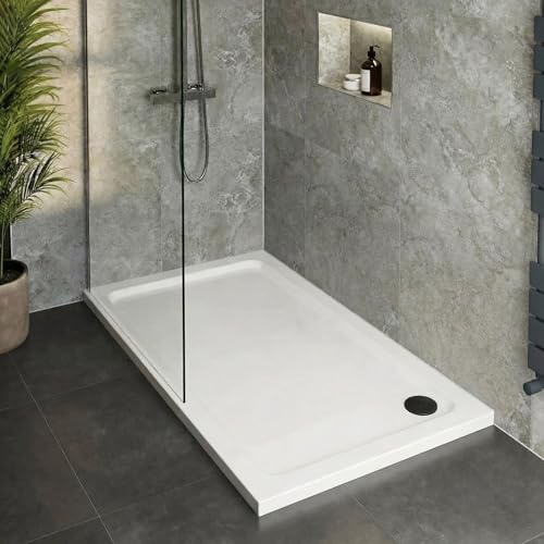 Hydrolux® 1200 x 800 x 45mm White Bathroom Shower Tray for Enclosures Cubicles & Wet Room with Black Waste, Rectangular