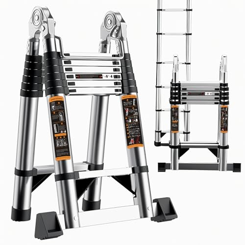 Telescopic Ladder, 4.2M/13.7ft Stainless Steel Thickened Loft Ladder, 150kg Capacity Portable Folding Ladders with Stabiliser Bar and Non-Slip Feet for Home, Loft
