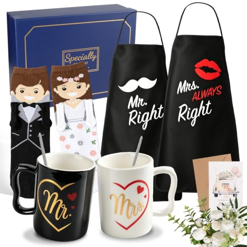 Bztzhm Set de regalos de boda para pareja de novios, 11 piezas Mr y Mrs regalos para tazas de pareja*2, cucharas*2, delantales*2, calcetines*2 de pareja, tarjeta de felicitación *1, regalo de
