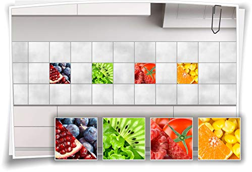 Medianlux Fliesenaufkleber Obst Gurke Salat Tomate Mais Aufkleber Fliesen Kachel Dekor Küche Bad WC Rot Grün Gelb, 15x15cm