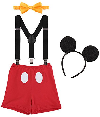 IBTOM CASTLE Neugeborenen Kleinkind Baby 1./2./3. Geburtstag Kostüm Outfit Hosen+Fliege+Clip-on Hosenträger+Maus Ohren 4pcs Bekleidungssets Foto-Shooting 008 Rot 12-18 Monate