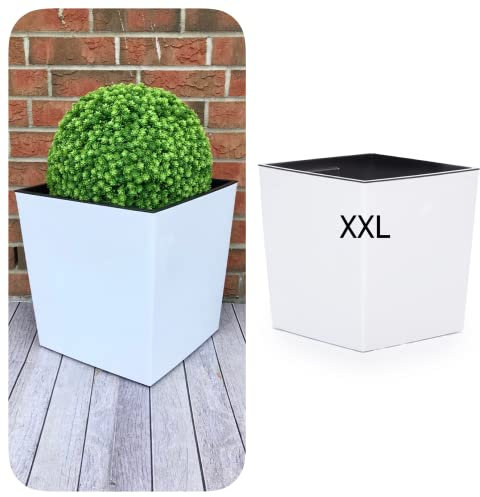 MELTOM XXL Pflanzkübel aus Kunststoff in Hochglanz Farbe: Weiß mit Herausnehmbaren Einsatz, BxTxH in cm: 39 x 39 x 41 cm, Eckig