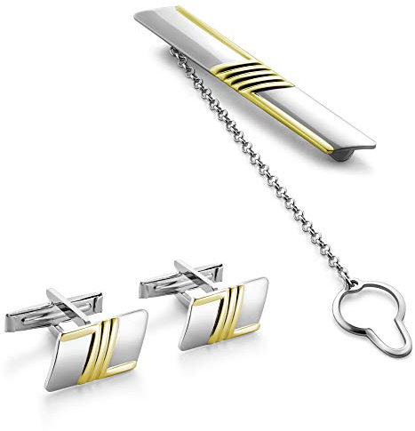 Herren Manschettenknöpfe Und Krawattenklammer Set Aus Sterlingsilber 925 Mit Goldfarbenen Akzenten