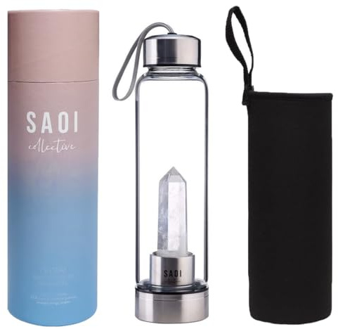 SAOI Crystal Water Bottle - Clear Quartz - Natural Wellness Healing - Glass/Stainless Steel