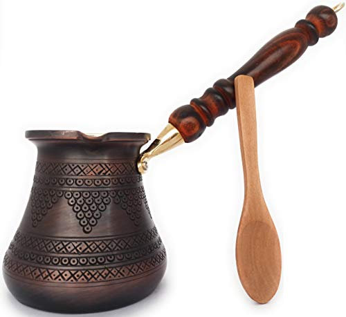 DEDE Copper - Série PCZ (grande - 45 ml) – Cafetière en cuivre massif gravé/martelé, turc, grec, arabe avec poignée en bois, cafetière pour cuisinière Cezve Jezve Jazva Ibrik Briki (antique)