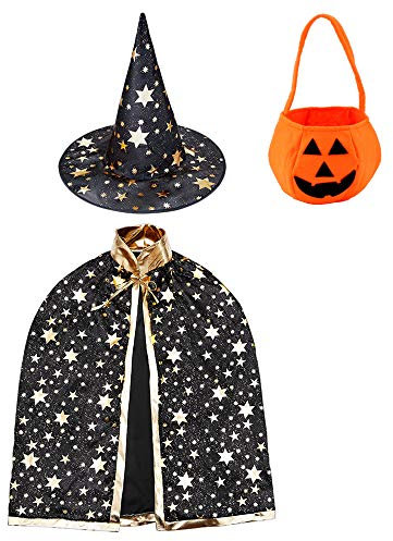 Kinder Halloween Kostüm, Wizard Cape Witch Umhang mit Hut, Kürbis Candy Bag, Zauberer Mantel mit Requisiten für Jungen Mädchen Cosplay party (Schwarz)
