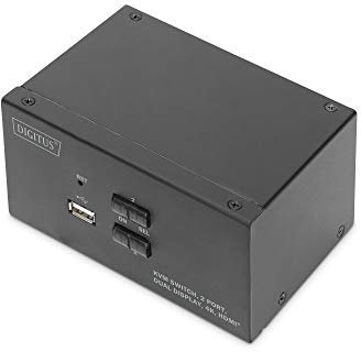 DIGITUS KVM-Switch HDMI – 2-Port Dual-Display – 2 PC 2 Monitore – 1x Maus, Tastatur & Audio für 2 Computer – UHD 4K@30Hz (3840 x 2160p) – Hot-Key KVM Umschalter – 1x USB 2.0 Hub – Schwarz