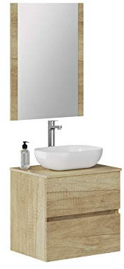 Baikal Badezimmerschrank Onyx, 2 Schubladen, hängend, mit Keramikwaschbecken, montiertes Waschbecken, Melamin 16, F46 + Top + Waschbecken + Spiegel, 60 cm Nature
