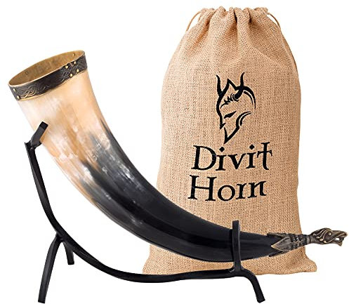 Divit Horn Genuine Viking Drinking Horn with Iron Stand | Authentic Medieval Beer Drinking Horn | Brass Adornments & Burlap Gift Sack Included | 16 oz Capacity | The Original. (Crocodile, Polished)