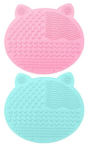 2Pack Makeup Brush Cleaning Mat, Cute Cat Animal Design Silicone Portable Brush Cleaner Pad Washing Tools with Suction Cups (Green+Pink)