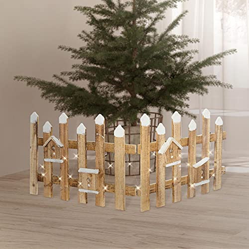 ECD Germany Recinzione Decorativa Staccionata Marrone 98 x 39 cm con Casette per Uccelli e Luci a LED Bianco Caldo Decorazione Natalizia Recinto per Interni Arredo Casa Ornamento Feste Addobbo Regalo