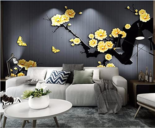 LEGVSHSR Papel peintures murales Prune Jaune Fleur Papillon 3D Papier Peint pour Salon Fond 3D Mur Photo peintures murales 3D Mur autocollant-350x245cm