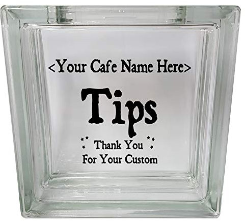 Personalised Cafe Tips Box Clear View Decoration Glass Block Money Box, 19cm x 8cm x 19cm