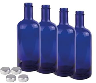 BELLEROFONTE Botella Modelo Gin de Cristal Azul Solarizada para Agua 750 ml con Tapa 4 Unidades