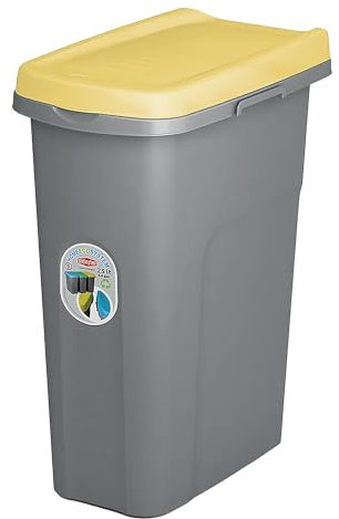 Home Centre Lift Top Lid 15L Waste Bin Kitchen School Slim Recycling General Trash & Storage Recycled Rubbish Sturdy Organiser Quality Container Made in Italy Yellow-Grey