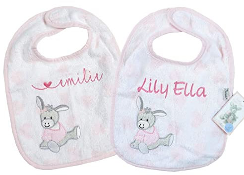 Sterntaler - Lätzchen Baby - bestickt mit Name - personalisiert - 100% Baumwolle - Saugfähiges Klettlätzchen - Babylätzchen - Esel Emmi - für Mädchen – Geschenk zur Geburt - (rosa, 38cm x 26cm)