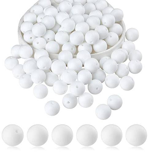 BEEFLYING 100 Pieces Silicone Beads Round Rubber Bead 15MM Loose Spacer Beads for DIY Supplies Jewelry Keychain Making (White)