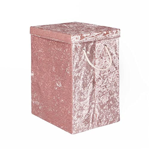 OHS Laundry Basket with Lid, Bedroom Bathroom Accessory Clothes Basket with Handle Toys Oragniser Box Storage Easy Foldable Crushed Velvet, Blush Pink 50cm x 45cm