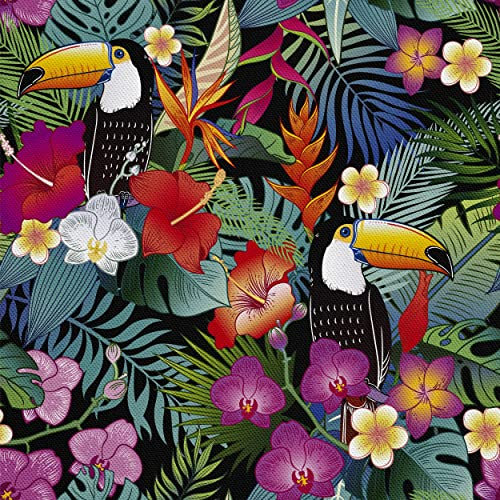 HEKO PANELS Stoff Oxford Wasserdichte Meterware Canvas-Stoff Polyester Stoff Zum Nähen Nähstoffe Dekostoffe Wasserabweisend Blickdicht Tukane Exotische Blumen 5 Meter 155 x 500 cm