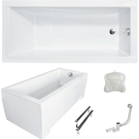 ECOLAM Baignoire rectangle acrylique Modern 170x70 cm | tablier en acrylique | oreiller Mare blanc | pieds siphon | ensemble complet | baignoire en acrylique blanc