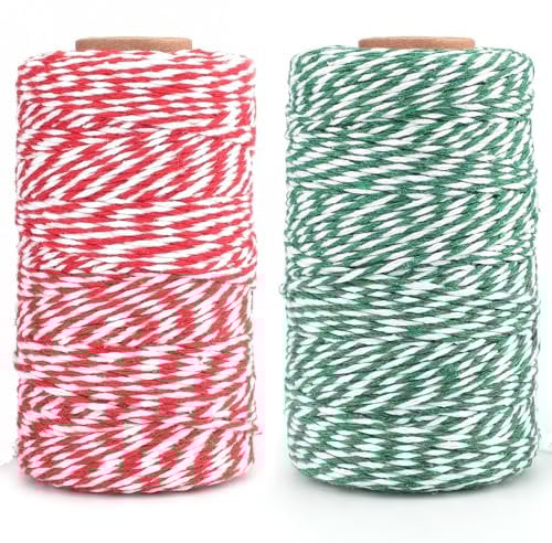 KINGLAKE Spago natalizio per confezioni regalo, 200 m, verde, rosso e bianco, spago da macellaio da 2 mm per artigianato, panettieri spago di cotone natalizio per cucina, cucina, carne, giardinaggio