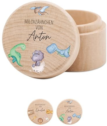 wunderwunsch® - Milchzahndose personalisiert aus Holz mit kinderfreundlichem UV-Druck - Zahndose Milchzähne als Erinnerung an die ersten Zähnchen (Dinosaurier)