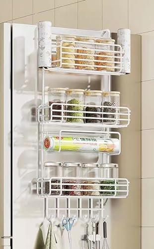 LNGFSH Estante Cocina Organizador para Especias Estante Lateral Nevera con Ganchos, Acero Carbono Hogar Multifuncional Refrigerador Rack Colgando Estante (3 Niveles,Blanco)