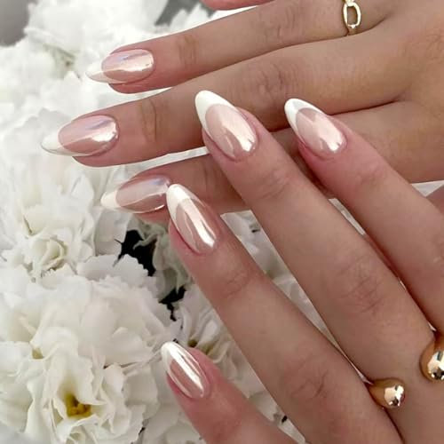 Danshinbow 24pcs ongles nus d’amande française strass ovale couverture complète paillettes roses faux ongles bâton sur les ongles pour les femmes et les filles (F)