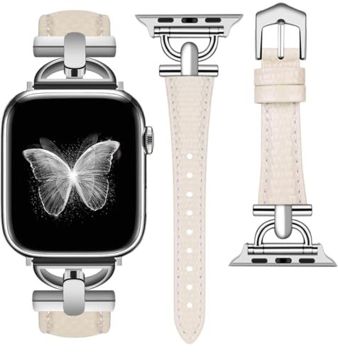 MroTech Compatibile con Cinturino apple watch 38mm 40mm 41mm 42mm Donne Uomini Cinturino in Vera pelle Stretto per iWatch SE/SE2/Serie 10/9/8/7/6/5/4/3/2/1 Bracciale 38/40/41/42 mm Beige/argento