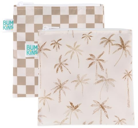Bumkins Reusable Sandwich and Snack Bags, for Kids School Lunch and for Adults Portion, Washable Fabric, Waterproof Cloth Zip Bag, Travel Pouch, Food-Safe, Large 2-pk Palm Trees, Check