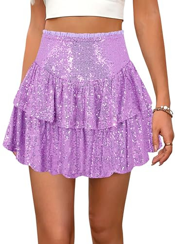 Segreto Damen Glitzer Pailletten Rock A-Linie Hohe Taille Minirock Dehnbar Faltenrock Party Kurz Röcke Lila