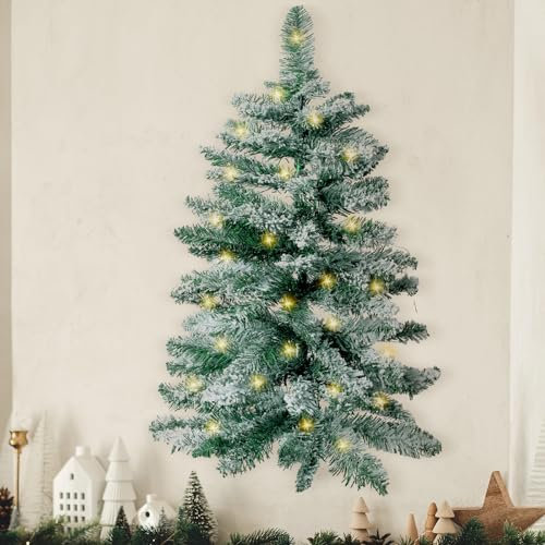 BlossomSound 2ft Wall Christmas Tree with 2m Warm White Lights - Snow Flocked Artificial Christmas Wall Tree for Home & Office Decorations