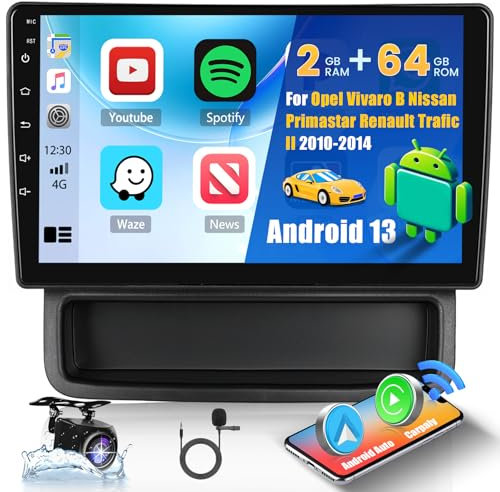 Hikity 2G 64G Radio Coche Carplay para Opel Vivaro B Nissan Primastar Renault Trafic II 2010-2014 10'' Android 13 Radio Pantalla con Navi GPS Bluetooth Android Auto WiFi RDS EQ FM SWC Cámara Trasera
