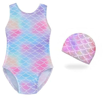 Costume da Bagno per Ragazze, Costume Piscina Bambina con cuffia da nuoto,Costume Intero Bambina Sirena, Bikini da Spiaggia Ragazze, Estivo Senza Manica Costume da Bagno per Spiaggia Estate, 110